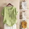 Women Plus Size Tops Round Neck Short Sleeve Loose Fit T-shirt Solid Color Buttons Decor Casual Pullover Tops