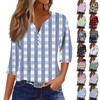 Women's Fashion V-Neck Button Seven Sleeve T-Shirt Casual Striped Plaid Printed Top