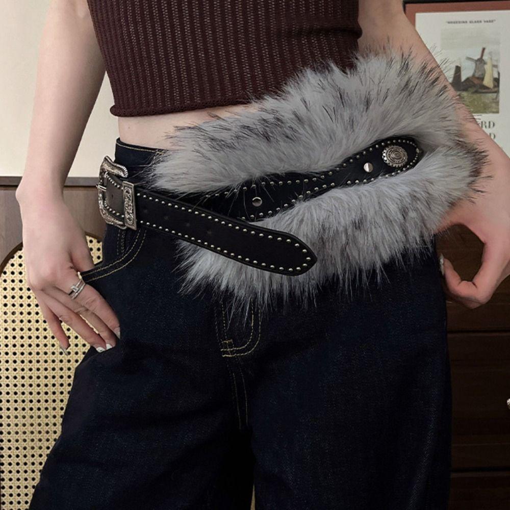 Punk Furry Waistband Retro Y2K Plush Waist Belt Fashion Leather Fur Belt Dress Decoration