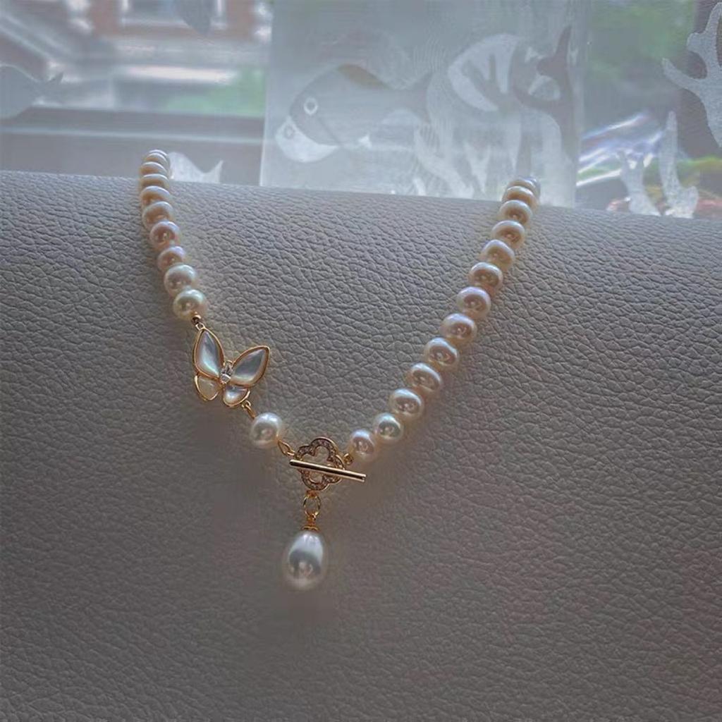 Geometric Three-Dimensional Butterfly Shell Freshwater Pearl Necklace Women'S Design Fritillary Butterfly Near Round Pearl Ot Buckle Necklace