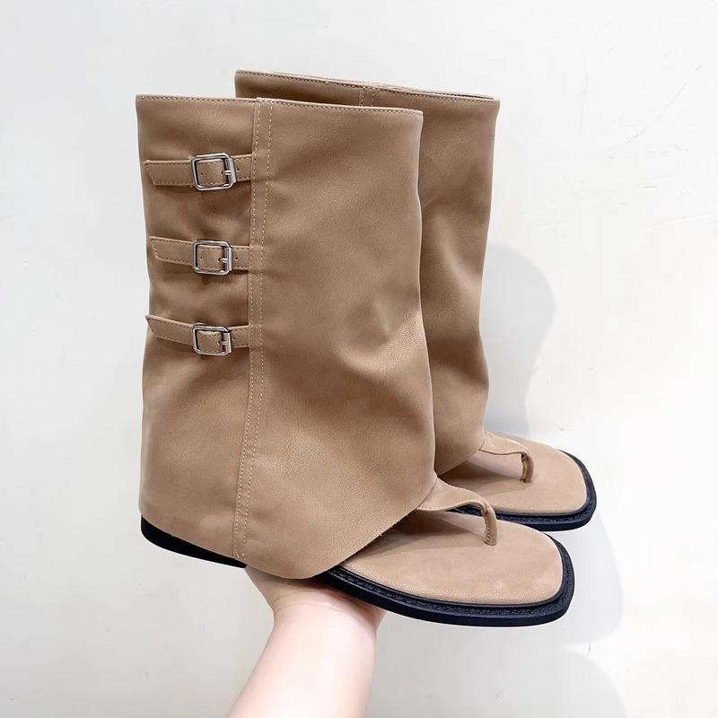 Летние новые ретро стиль пряжка ремня плоская подошва открытый носок брюки короткие ботинки женские средние голенища елочка крутые ботинки