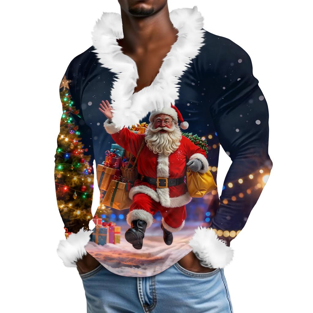Мужской повседневный рождественский плюшевый свитшот с V-образным вырезом и длинными рукавами из флиса