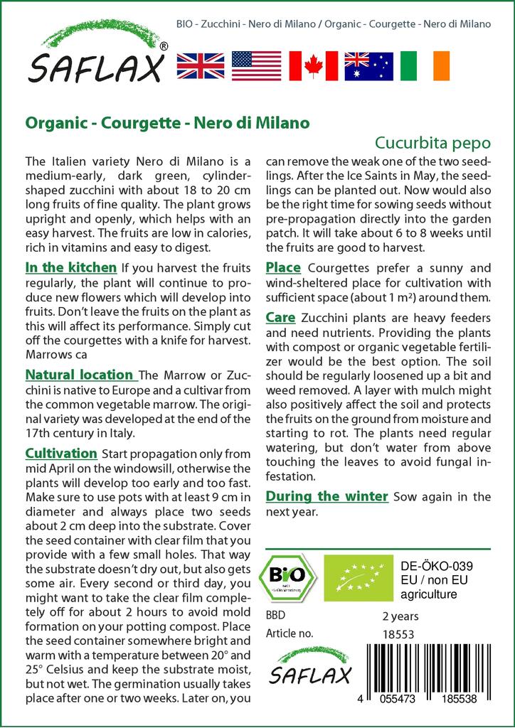SAFLAX Сад в пакете - Органический - Кабачок - Неро ди Милано - 6 семян - С субстратом в подходящем стоячем пакете - Cucurbita pepo