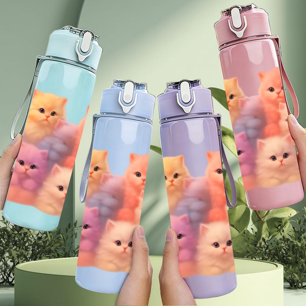 1PC Fluffy Stacked Kitten Group 750ml Color Plastic Sports Water Bottle Leakproof Flip Straw Lid Suitable for Sports Office Home Use