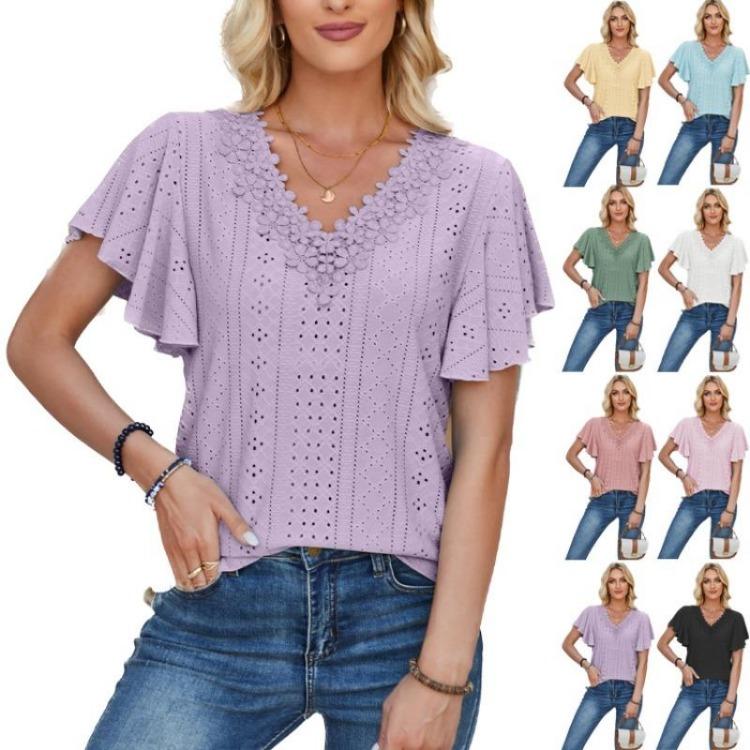 New Fashion Women's Lace V-neck Loose T-shirt Solid Color Ruffled Sleeves Spring Summer