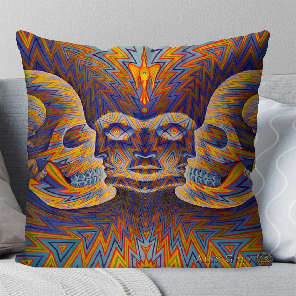 A- Alex Gray Trippy Psychedelic Pillow Case Square Pillow Bedroom Sofa Leisure Comfort Cushion Living Room Home Decoration 40X40