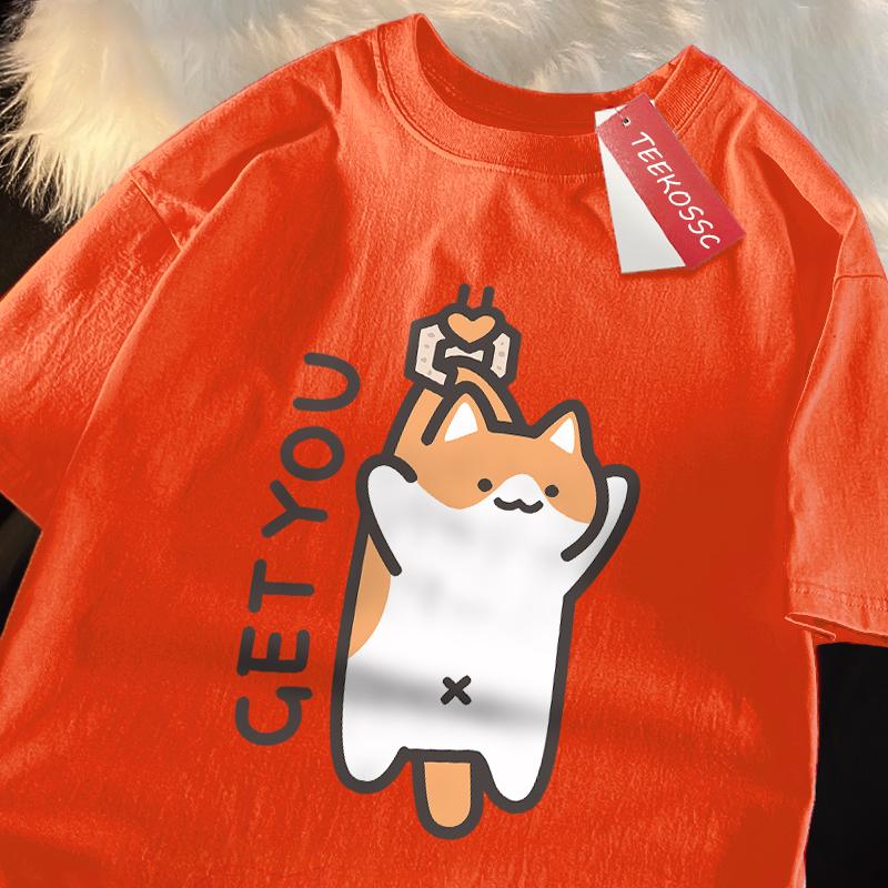 Catching Baby Fun Cat Print Japanese Style Clothes Men Fashion Oversize T-Shirt Casual O-neck Tops Summer Cotton Loose T Shirt