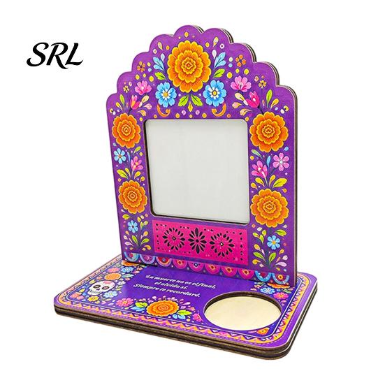 Hand Painted Wooden Picture Holders Day of The Dead Photo Frame with Integrated Candle Holder, Decorative Mexican Memorial Tabletop Frames Sugar Skull