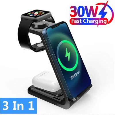 30 Вт Беспроводная зарядная станция 3 в 1 для iPhone 15 14 13 12 11 XS, Watch 8 7, AirPods, Индукционная станция быстрой зарядки