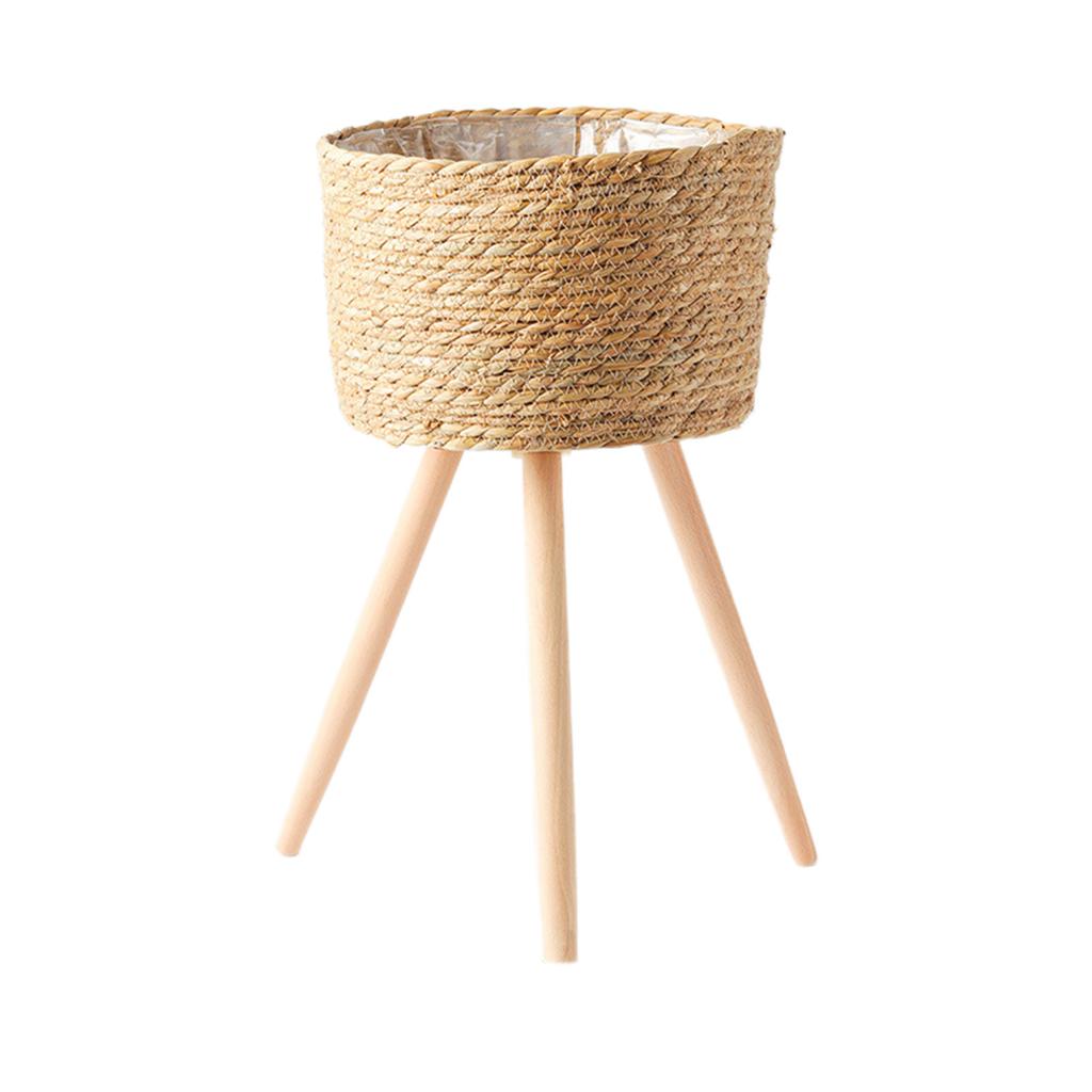 Соломенные плетеные цветочные горшки, корзина для растений, кашпо для травы с деревянной подставкой, контейнер для хранения в саду, домашний декор