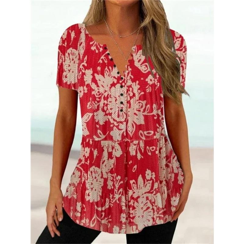 Trendy And Cool Women's Summer Loose V-neck Pullover Short-sleeved Button Printed T-shirt