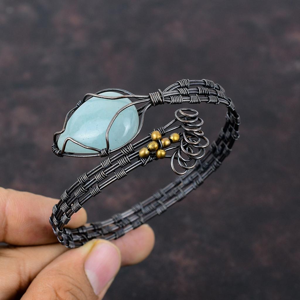 Аквамарин Браслет-манжета Медная проволока Обернутый браслет Драгоценный камень Регулируемый браслет-манжета Браслет ручной работы Медная проволока Ювелирные изделия Подарки на годовщину