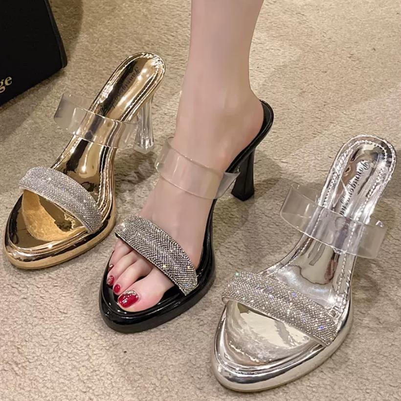 2024 новые летние прозрачные босоножки с кристаллами на высоком каблуке, модные водонепроницаемые тапочки со стразами на толстом каблуке, женские туфли-лодочки