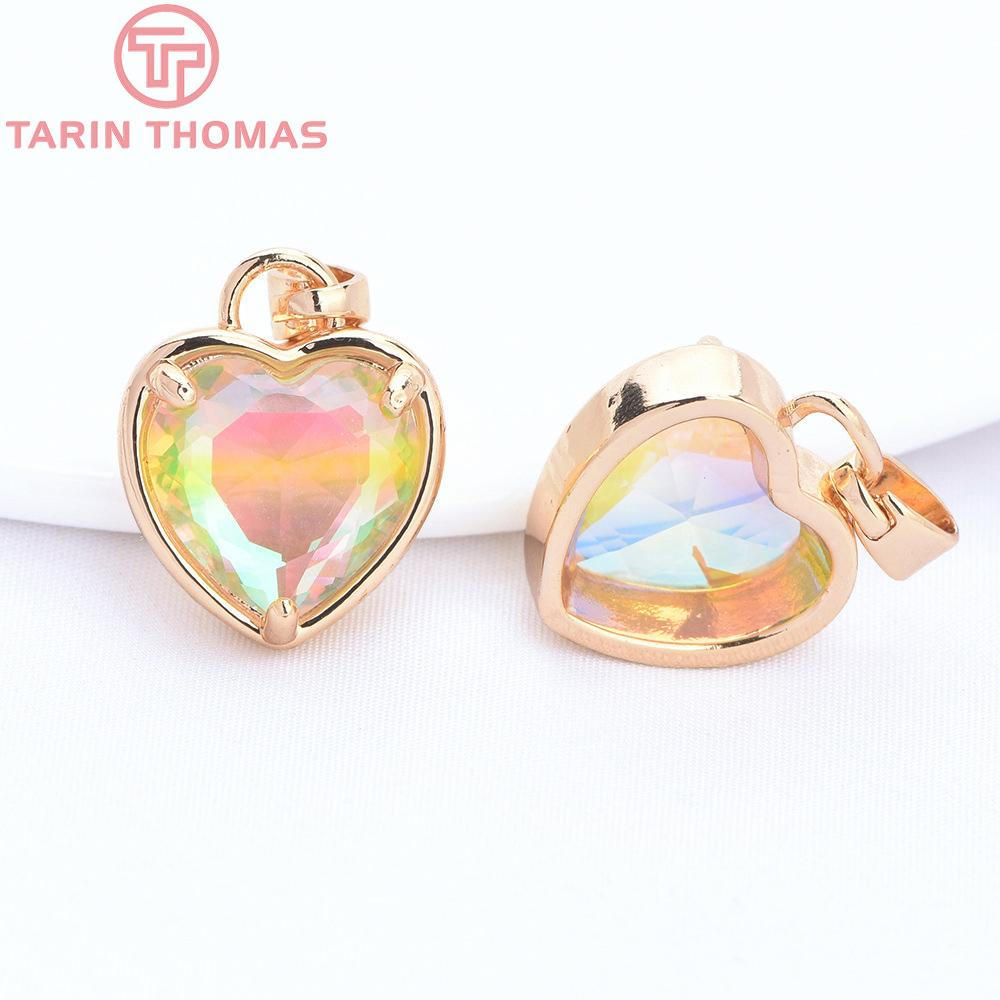 (7518) 6PCS 15x18MM 24K Gold Color Brass with Zircon Heart Charms Pendants High Quality DIY Jewelry Findings Accessories 1