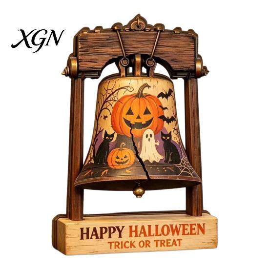 Halloween Theme Gifts Vintage Wooden Bell Decor, Rustic Farmhouse Shelf Sitter with Showcase Ornaments Metal Wood Stand, Tabletop Centerpiece