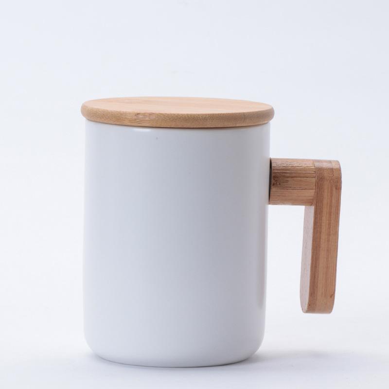 Nordic Wooden Handle Ceramic Mug Office Water Cup Business Event Gift White Porcelain