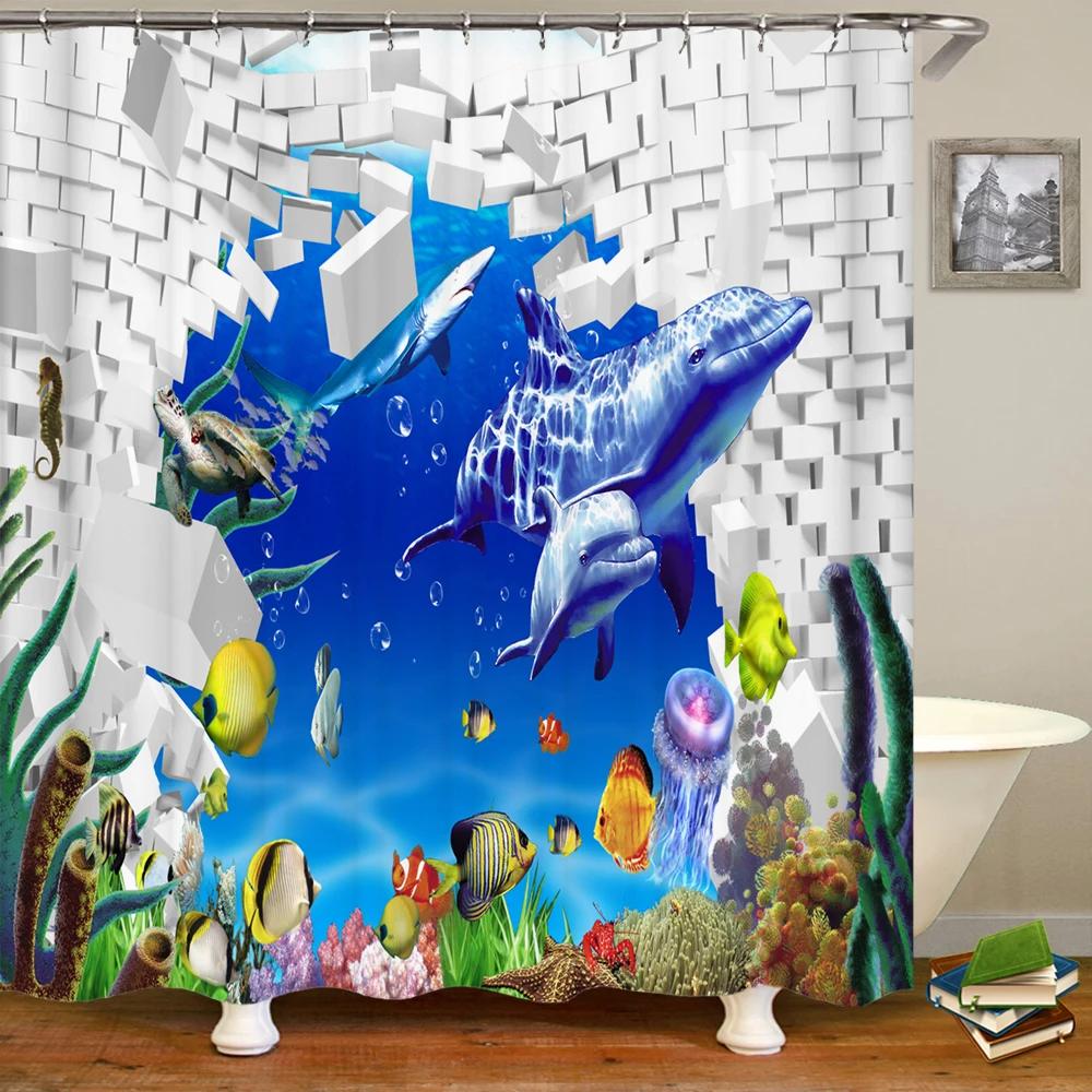 3D Шторы для ванной Океанская рыба Медуза Ракушка Морская звезда Дельфин Якорь Шторка для душа Водонепроницаемая ткань Мультяшный Мальчик Экран для ванны