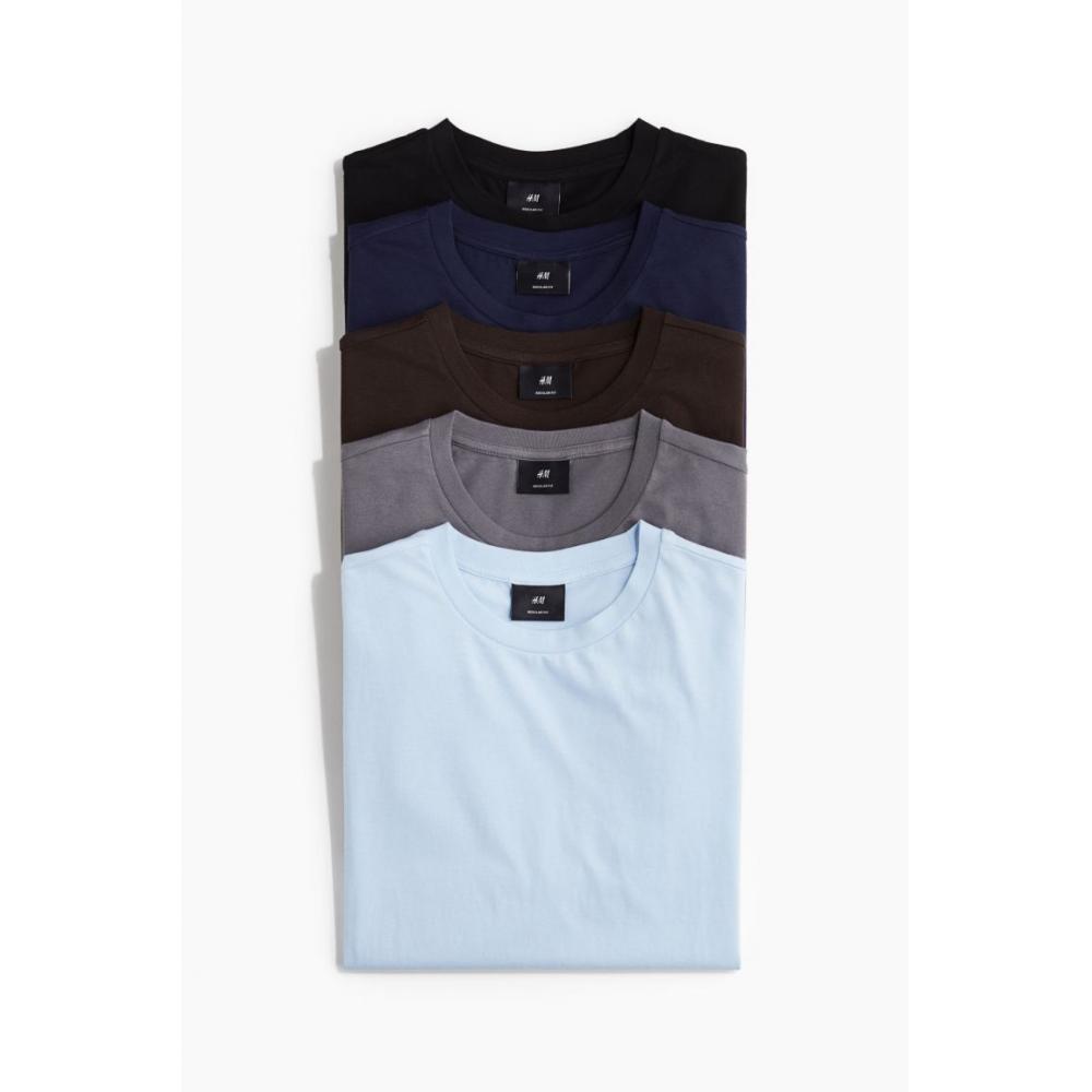 Комплект из 5 футболок HM Regular Fit, цвет: светло-голубой, серый, коричневый