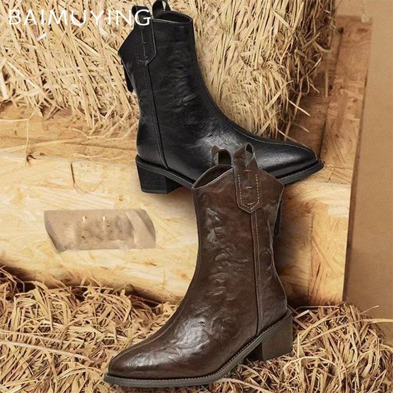 Кожаные женские ботильоны с острым носком, дизайнерские туфли на среднем каблуке, массивные зимние ботинки челси 2025 года, ретро-туфли Botas De Mujer