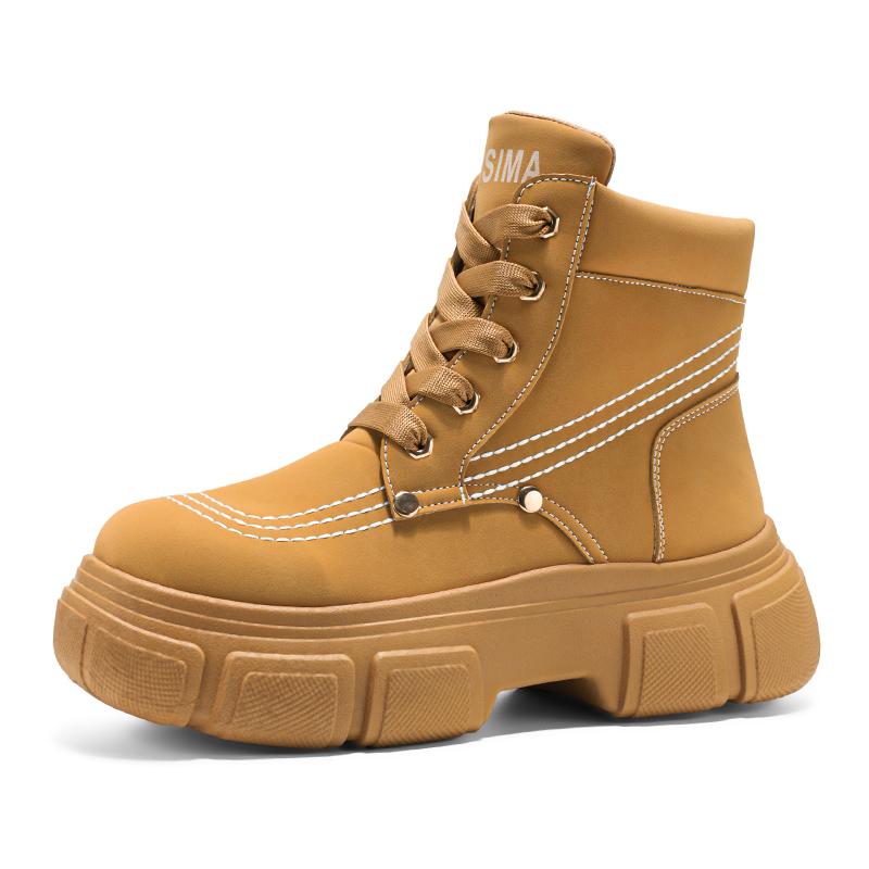 Осенне-зимняя мода Мужские желтые ботинки Модные уличные кожаные ботильоны Мужские рабочие ботинки Массивные мотоциклетные ботинки на шнуровке