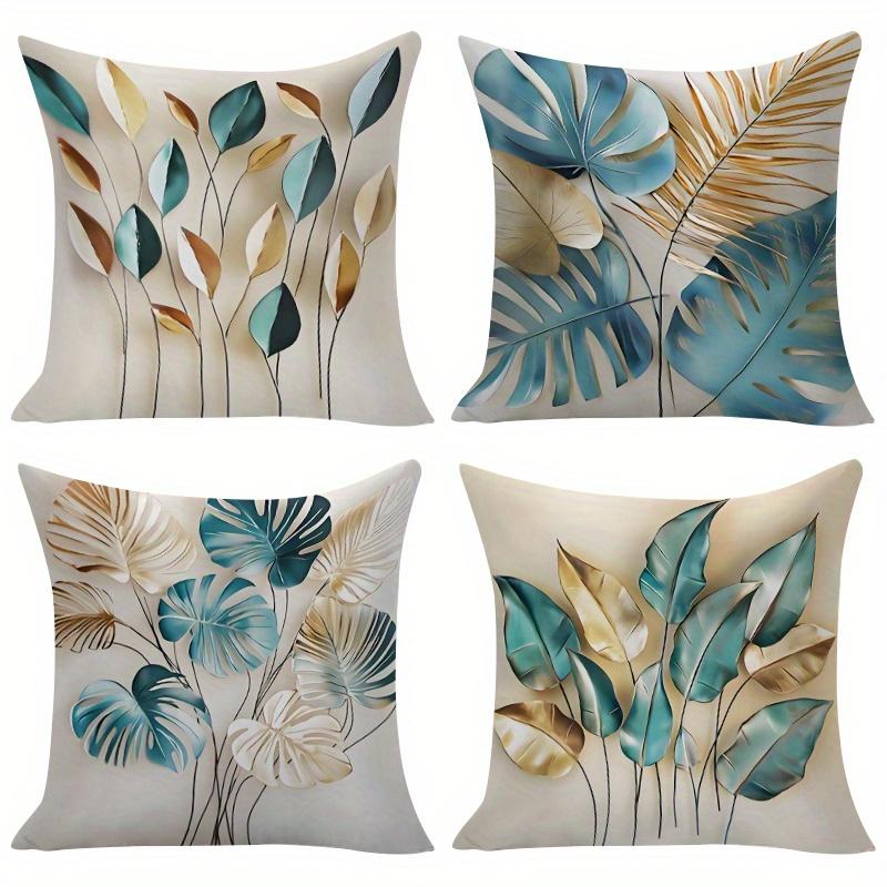 4pcs Set Tropical Plant Leaf Pillow Covers, Blue-Green Golden Color Block Square Sofa Cushion Covers with Zipper, Single-Sided Print, Machine Washable