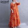 Платье в национальном стиле с длинным рукавом, осеннее винтажное художественное платье с длинным рукавом и принтом, свободная большая юбка для женщин