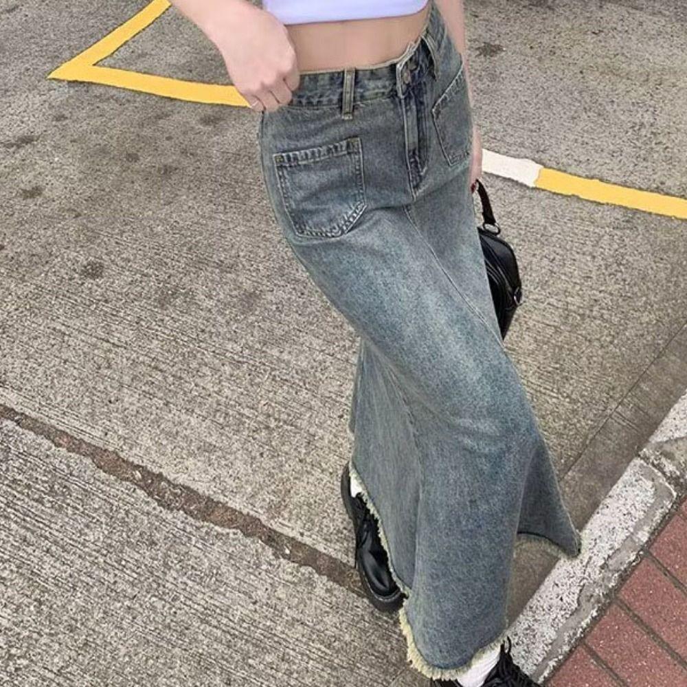 Retro Denim Skirt Women Solid Color Hairy Fishtail Skirt Simple High Waist Long Skirt Daily