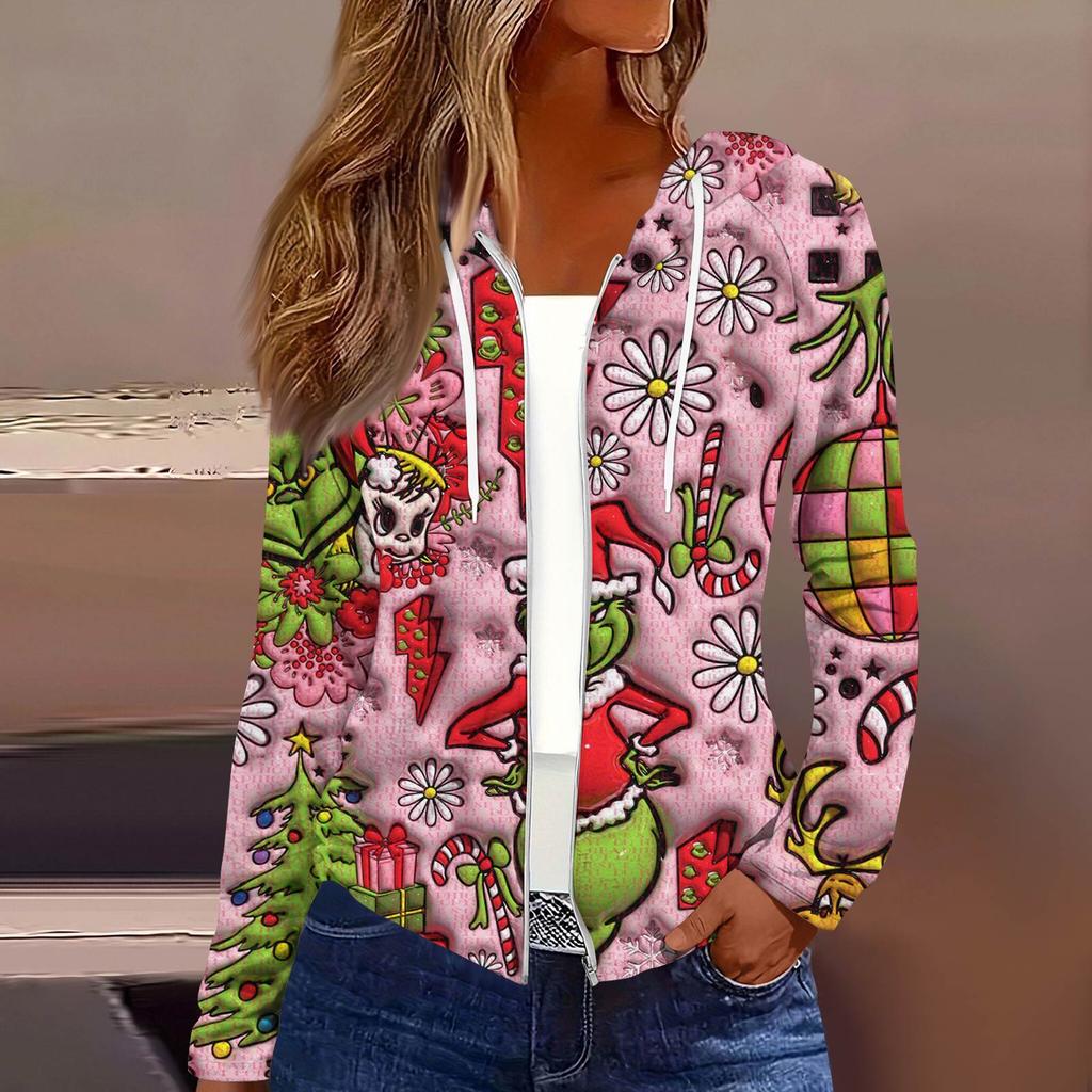 Women's Fashion Christmas Print Casual Zip-Up Long-Sleeved Hooded Jacket