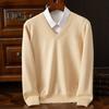 Мужской свитер осень-зима, имитация двухкомпонентной рубашки в стиле пэчворк, отложной воротник, V-образный вырез, длинные рукава, эластичный, чистый цвет, облегающий теплый трикотаж
