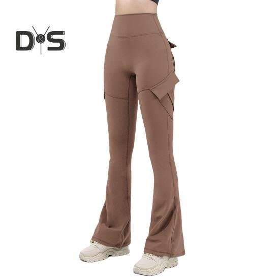 Women Flared Pants Elastic High Waist Wide Leg Casual Trousers with Flap Pockets Solid Color Cargo Pants Daily Wear