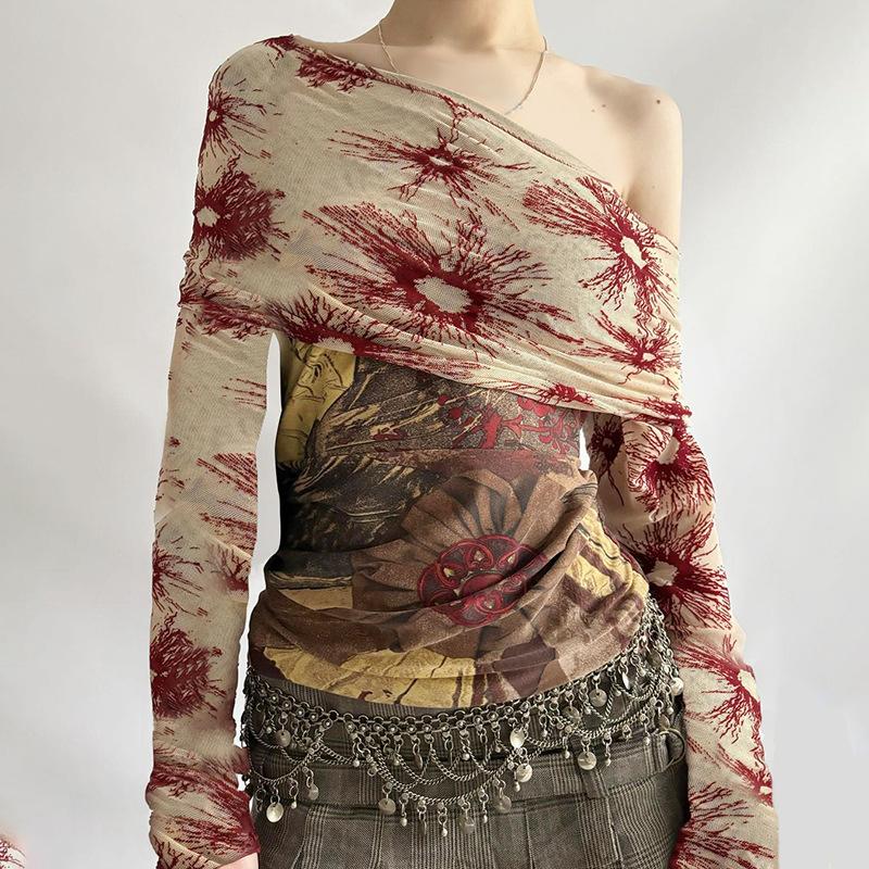 Растительный ретро сетчатый пэчворк одно плечо короткий топ сексуальный контрастный цвет приталенный крой длинный рукав рубашка для пикантных девушек футболки женские