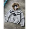 Unisex Street Style Hooded Sweatshirt Detachable Fur Collar Graphic Letter Star Zip Up Fall Casual Top