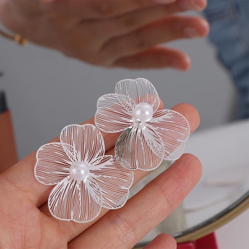 Romantic Elegant Hollow Flower Earrings Big Silver Exaggerated Flower Earrings Jewelry Gifts