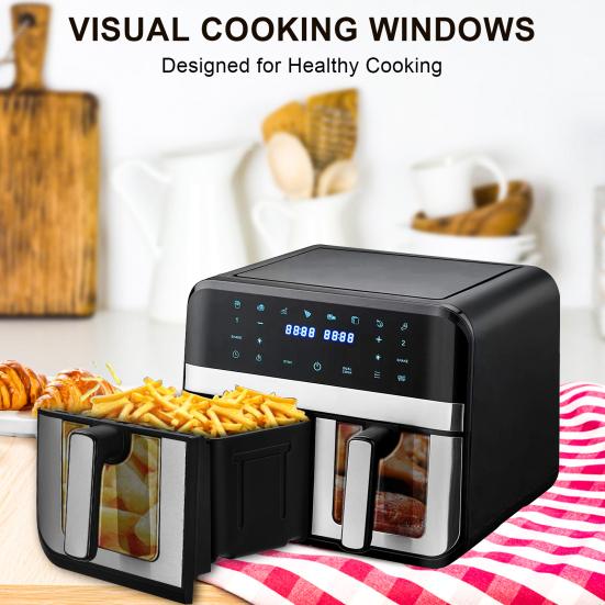 Аэрофритюрницы Двухзонные Аэрофритюрницы с Окном 9 л Вместимость Двойные Аэрофритюрницы 2 Ящика Сенсорный Экран Функция Умного Таймера (EU Plug)