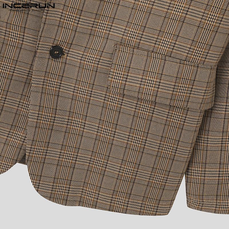 INCERUN Мужской пиджак с зазубренными лацканами и длинным рукавом в клетку, повседневный свободный пиджак