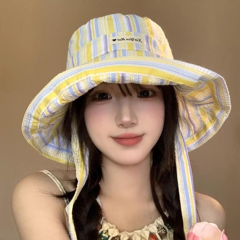 Colorful Striped Fisherman Hat Lace-up Summer Cap Korean Fashion Sun Hat Women
