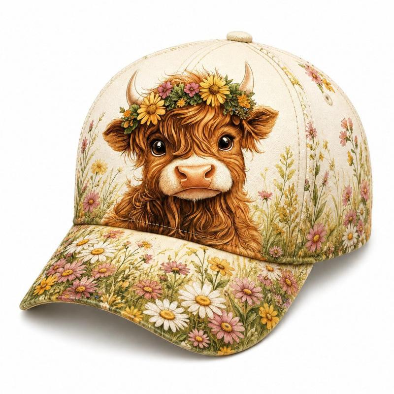 Floral Highland Cow Baseball Cap for Women, Adjustable Cow L