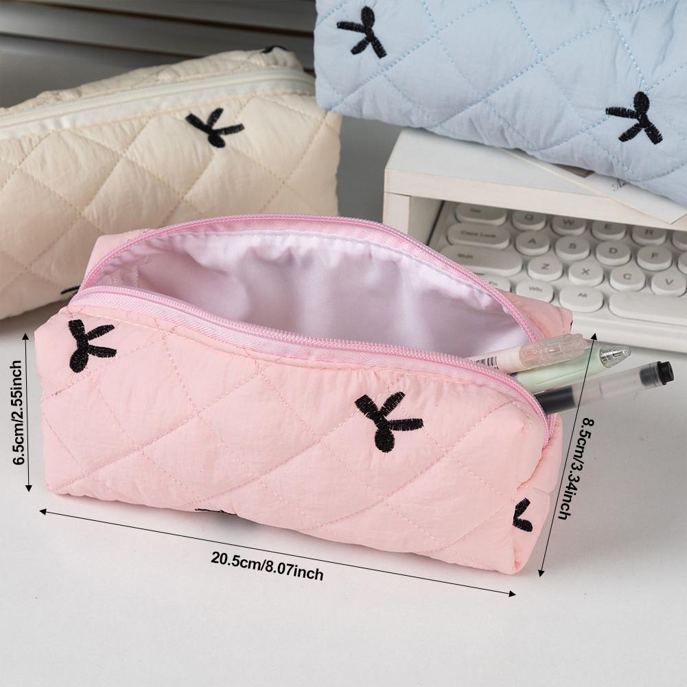 1Pc Simple Bowknot Large Capacity Pencil Bag Fresh Quilting Stationary Storage Bags For Girls Makeup Pouch Pencil Case
