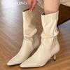 Pointed Toe Women High Boots Mid Heels Sexy Shoes Leather Mid Calf Winter New Botas Women 2024 Trend Pumps Fashion Botas Mujer