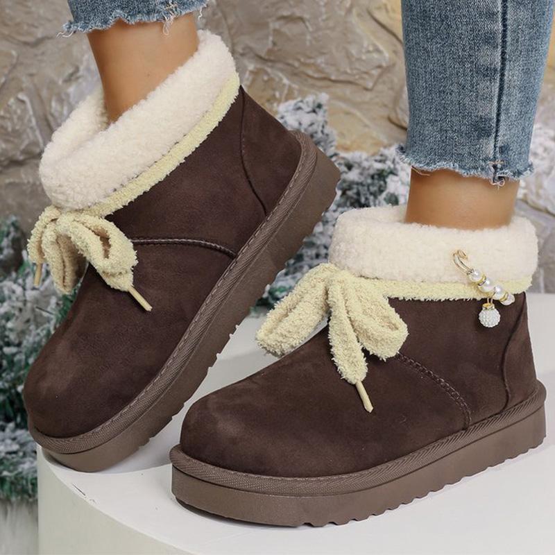 Luxury Lace Up Pearl Decoration Snow Boots Women 2025 Soft Faux Fur Ankle Boots Woman Solid Color Platform Warm Botas Mujer