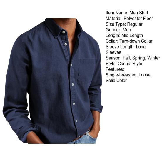 Spring Men Shirt with Chest Pocket Turn-down Collar Single-breasted Loose Cardigan Pure Color Formal Top Mid Length Casual Shirt