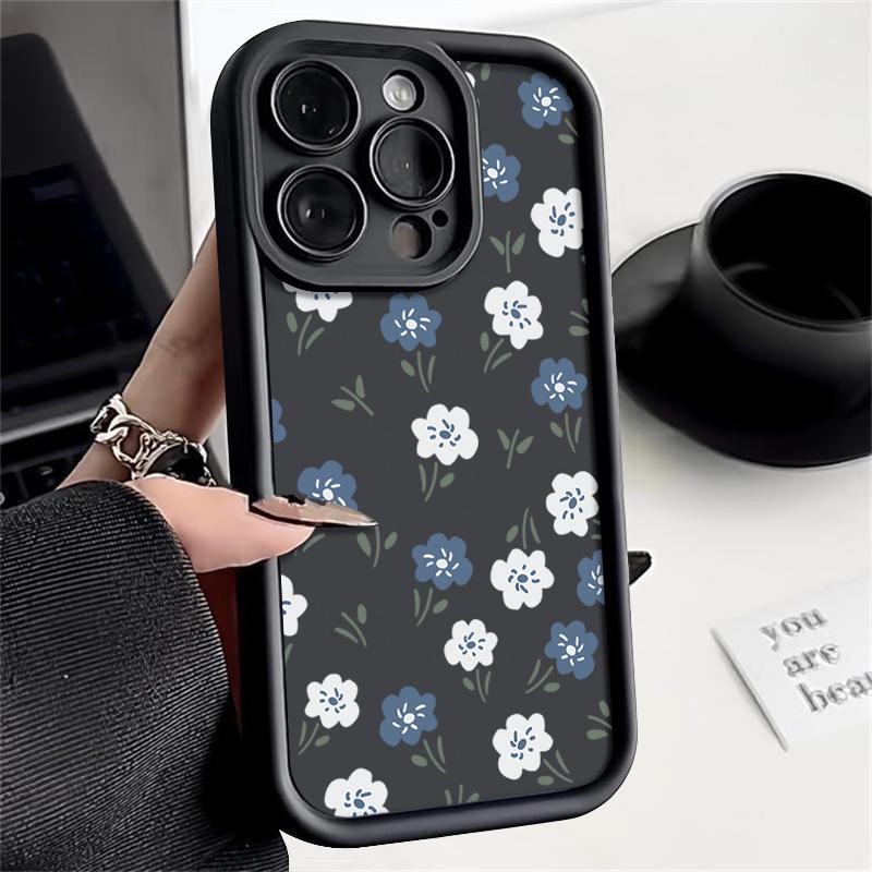 Синий с белыми мелкими цветами Силиконовый чехол для iPhone 15 16 Pro Max 14 13 12 11 Pro Max 7 8 XR XS SE Ударопрочный Мягкий ТПУ Чехол для телефона