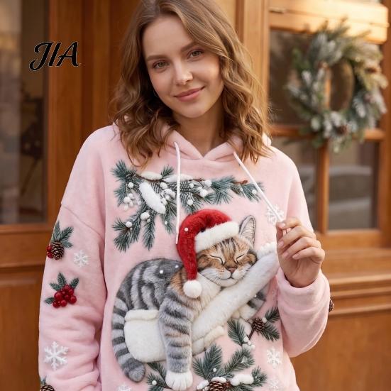 Christmas Party Outfit Women Cat Print Hoodie, Oversized Long Sleeve Pullover Sweatshirt, Daily Wear Sweatshirt Casual Loose Drawstring Hooded Top for