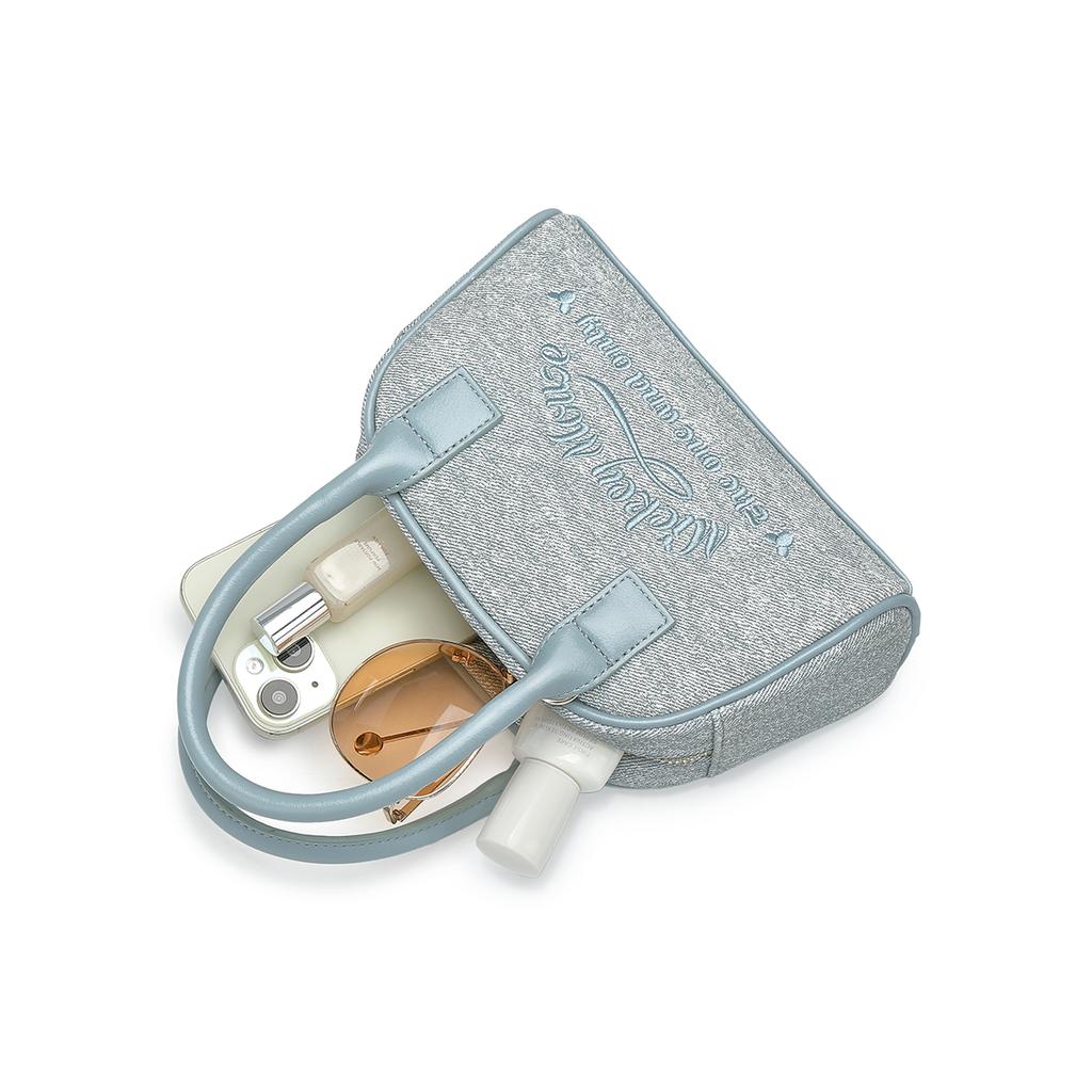 New Disney Mickey Series Fabric, PU Boston Bowling Bag, Shoulder Bag, Handbag Women's Denim Blue DHF51647-A