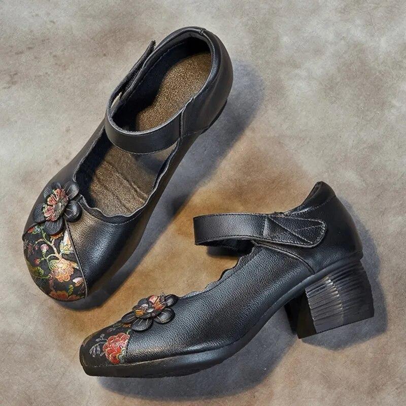 Johnature Женская обувь из натуральной кожи с принтом в этническом стиле, туфли-лодочки в стиле ретро с круглым носком, на толстом каблуке и на мягкой подошве