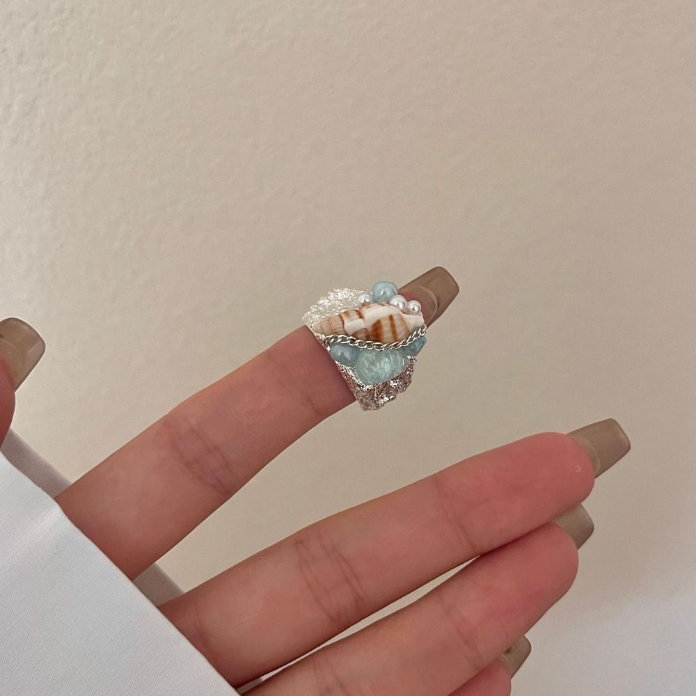 Преувеличенные женские кольца с разрезом, имитация жемчуга, аксессуары в океанском стиле, кольцо с ракушкой, лето