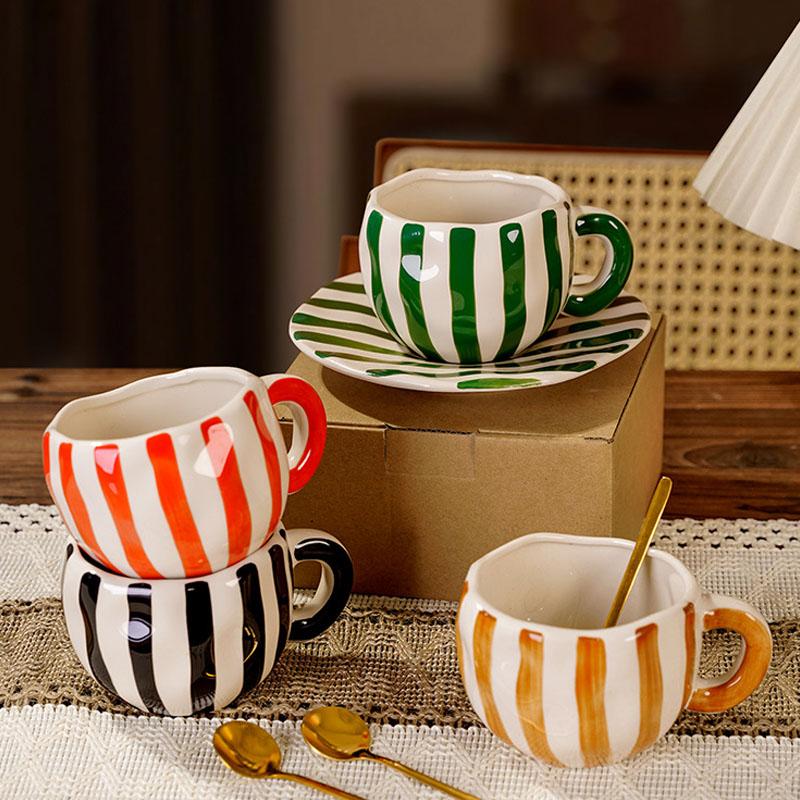 360 ml Ceramic Coffee Mug with Saucers Handmade Stripes Mugs for Girl Women Tea Milk Cup with Handle Latte Cocoa Office Home