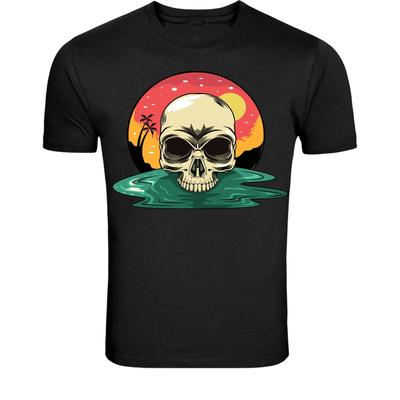 Sunset Skull Beach T-Shirt - Tropical Skeleton Summer Graphic Tee