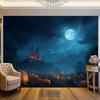 2D plane, 1 Halloween background of the haunted castle, with a full moon, glowing pumpkin lanternszyc