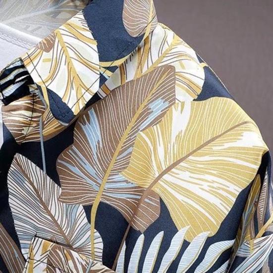 Летняя мужская рубашка с принтом листьев и короткими рукавами в тропическом стиле, Гавайи, свободный однобортный отложной воротник, быстросохнущий пляжный топ средней длины для отпуска